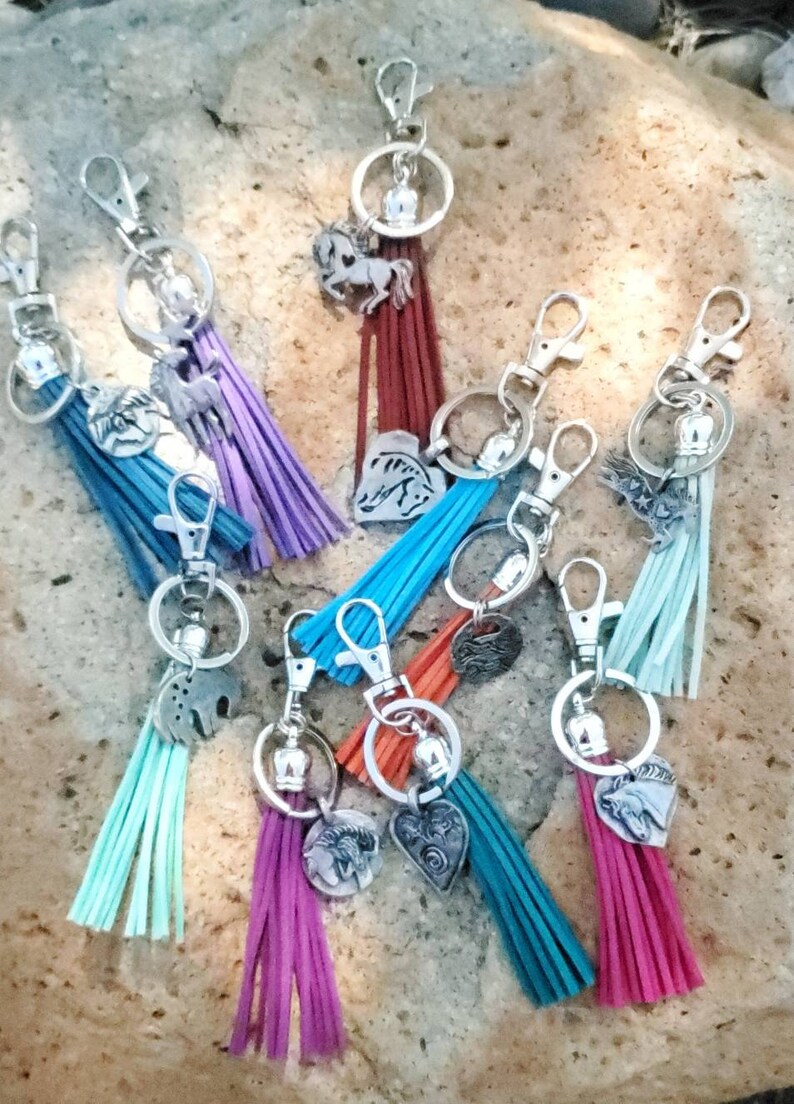 May include: A collection of eight keychains with colorful tassels. Each keychain features a silver charm with a horse design. The tassels are in various colors, including teal, purple, orange, red, and blue.