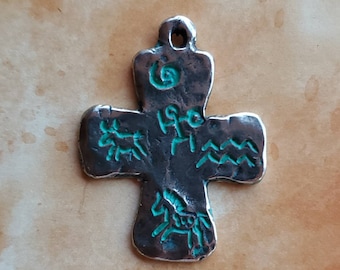 Petroglyph Cross Pendant, Turquoise Patina, Primitive Cross, Old World Style, Pewter Cross, Rustic Cross Necklace, Silver Pony Studio