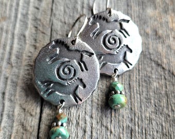 Pewter Horse Earrings: Genuine Green Turquoise Artisan Jewelry