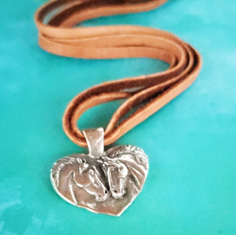 Horse in Heart Necklace, Leather and Pewter Horse Jewelry, Valentine Gift, Brown Leather Horse Necklace, Gift for Mom, Silver Pony Studio image 3