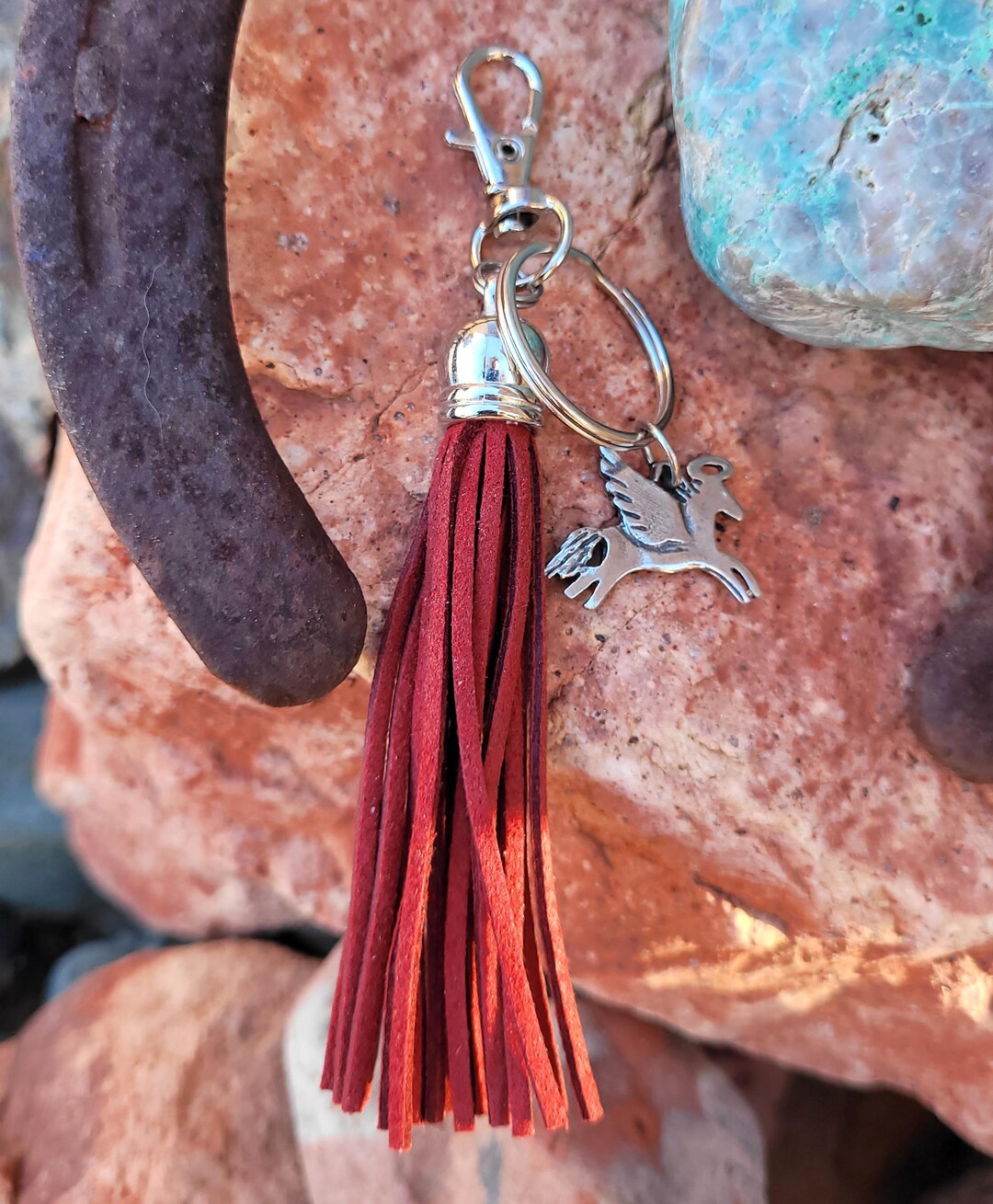 Pewter Angel Horse Keychain: Dark Red Suede Tassel Purse Charm - Etsy