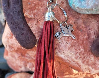 Pewter Angel Horse Keychain: Dark Red Suede Tassel Purse Charm