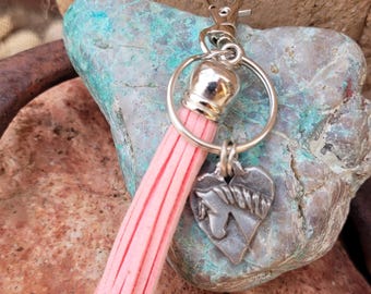 Pewter Horse Head in Heart Purse Tassel, Pink Suede Keychain
