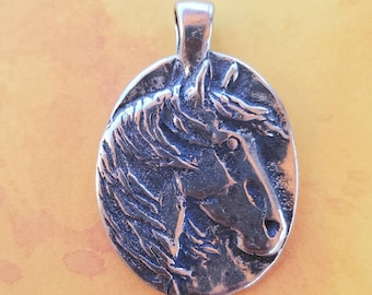 Large Horse Head Pendant, Oval Horse, Horse Show Necklace, Equestrian Necklace, Artisan Pewter, Silver Pony Studio