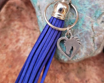 Pewter Horse in Heart Keychain, Purse Tassel, Blue Suede Tassel