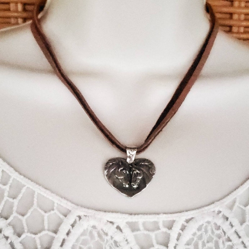 Horse in Heart Necklace, Leather and Pewter Horse Jewelry, Valentine Gift, Brown Leather Horse Necklace, Gift for Mom, Silver Pony Studio image 2