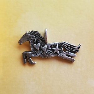 Pewter Horse Pendant: Whimsical Equestrian Jewelry with Hearts & Star
