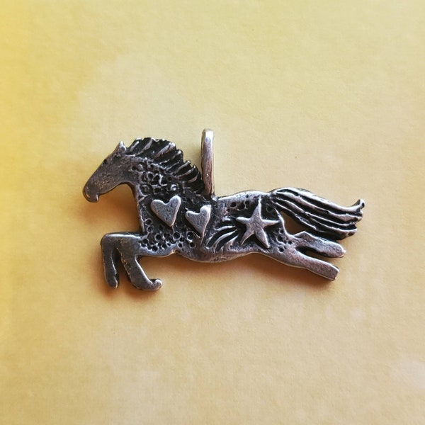 Horse Pendant with Hearts and Star, Horse Lover Gift, Pewter Horse Jewelry, Equestrian Jewelry, Whimsical Horse Charm, Silver Pony Studio