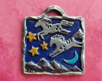 Jumping Horses Square Pendant, Hand Painted Jewelry, Horse Lover Gift, Horse with Moon and Stars, Pewter Horse Pendant, Silver Pony Studio