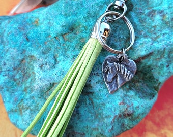 Horse Head Purse Tassel, Heart Keychain, Horse Lover Backpack Wwag, Gift for Pony Lover, Lime Green Leather Purse Tassel, Silver Pony Studio