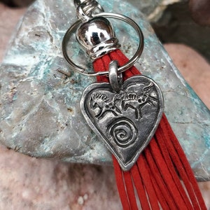 Pewter Horse Heart Keychain: Red Suede Tassel Purse Charm