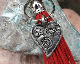 Pewter Horse Heart Keychain: Red Suede Tassel Purse Charm