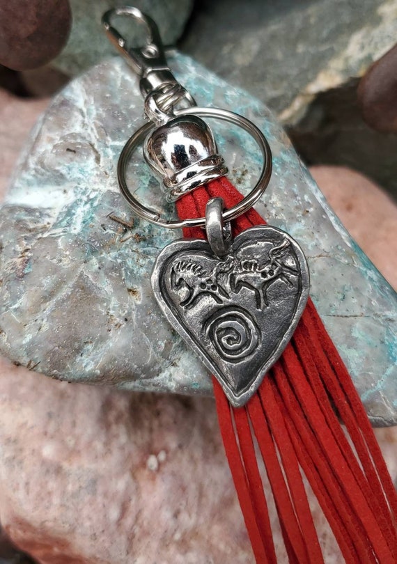 Pewter Horse Heart Keychain: Red Suede Tassel Purse Charm