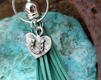 Horseshoe Heart Keychain: Pewter Charm with Green Suede Tassel