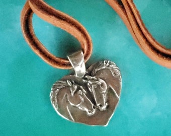 Pewter Horse Heart Necklace: Brown Leather Cord, Equestrian Jewelry