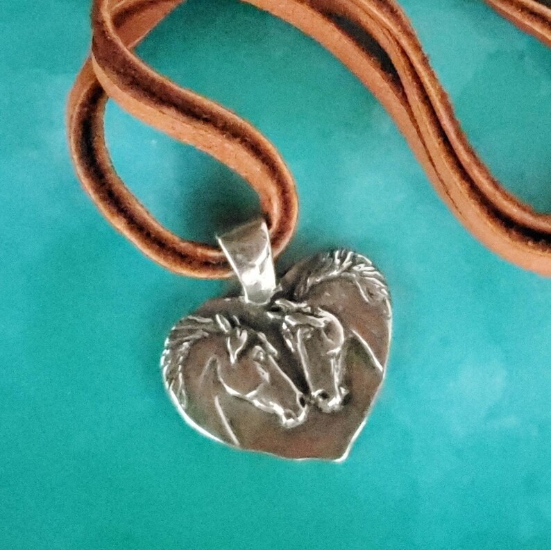 Horse in Heart Necklace, Leather and Pewter Horse Jewelry, Valentine Gift, Brown Leather Horse Necklace, Gift for Mom, Silver Pony Studio image 1