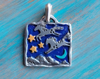 Hand Painted Colorful Pewter Horse Pendant: Jumping Horses, Moon & Stars
