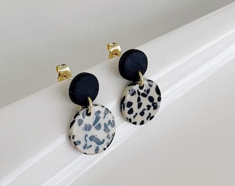 Small Terrazzo Dangle Earrings: Beige & Black, Gold Plated