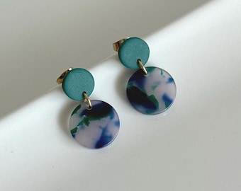 Marble Dangle Earrings, Green Blue, Minimalist Style