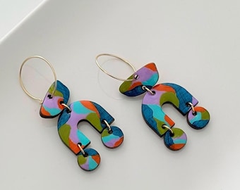 Handpainted Wood Statement Earrings, Colorful Stainless Steel Hoops