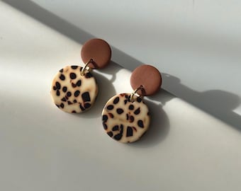 Small Leopard Dangle Earrings – Beige & Brown, Gold Plated
