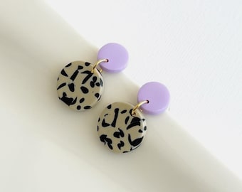 Small Terrazzo Dangle Earrings, Lilac and Beige, Minimalist Style