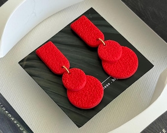 Handmade Red Polymer Clay Earrings, Geometric Statement Jewelry