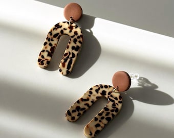 Leopard Print Dangle Earrings, Modern Stainless Steel Studs
