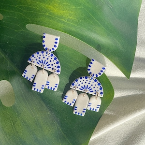 Earrings white and blue hand painted summer vibes santorini Dangle earrings white and blue unique earrings handmade