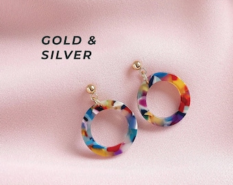 Colorful Acrylic Circle Earrings, Gold Stainless Steel, Minimalist Jewelry