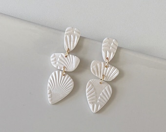 Earrings white pearl wedding with shell beach pattern polymer clay earrings dangle earrings wedding statement handmade earrings / ZAHAR