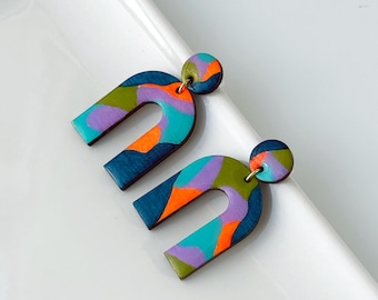 Handpainted Wood Statement Earrings, Colorful Arch Design