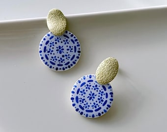 Handmade Santorini Earrings: Gold, White, and Blue Polymer Clay