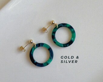Green Acetate Circle Earrings, Gold Stainless Steel Posts