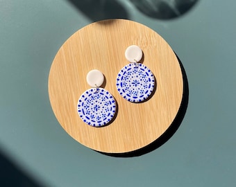 Hand-Painted Santorini Earrings: Blue Floral Polymer Clay Dangles