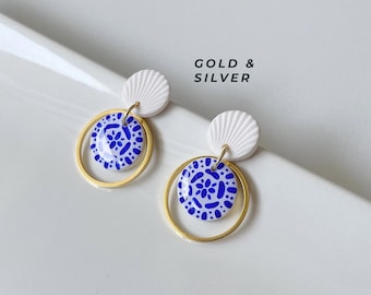 Hand-Painted Santorini Earrings, White and Cobalt Blue with Gold Hoops