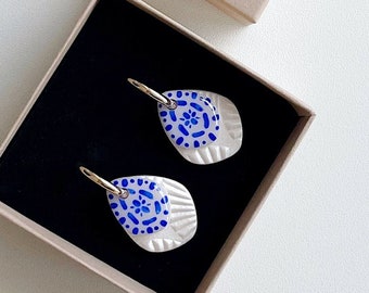 Hand Painted Polymer Clay Earrings, 18k Gold Plated, Blue & White