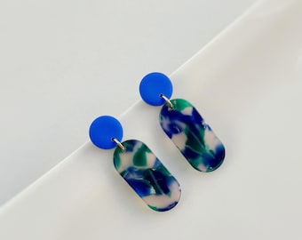 Blue Green Acetate Dangle Earrings, Stainless Steel Jewelry