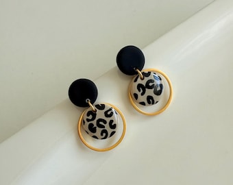 Leopard Polymer Clay Earrings – Black, Gold Hoop, Surgical Steel