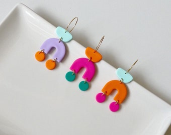 Earrings hoop colorful dangle polymer clay geometric  jewelry handmade 316L surgical stainless steel fun summer earrings