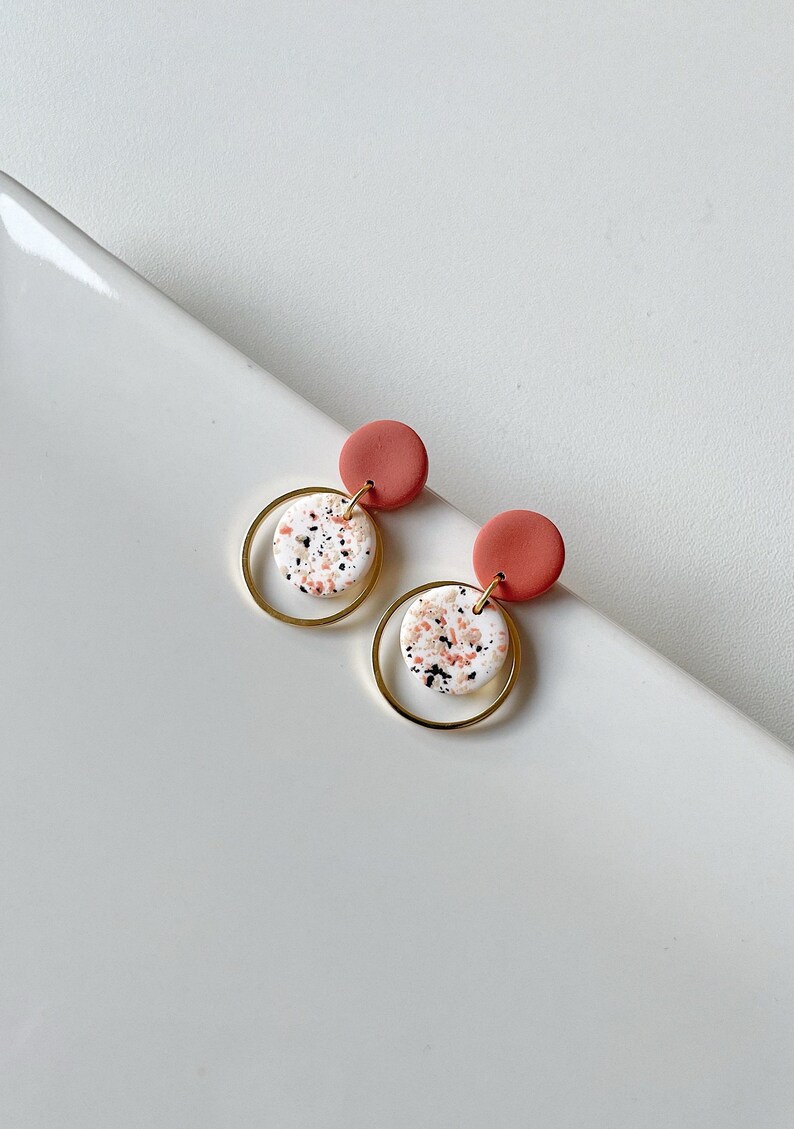 Earrings small minimalist elegant terracota with terrazzo pattern circle with gold ring surgical stainless steel-Kalua Gold EstudioKoaShop image 3
