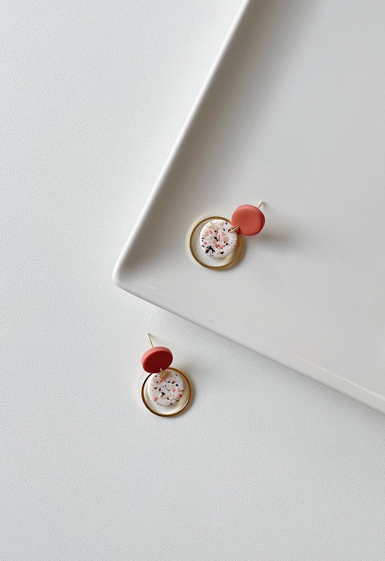 Earrings small minimalist elegant terracota with terrazzo pattern circle with gold ring surgical stainless steel-Kalua Gold EstudioKoaShop image 4