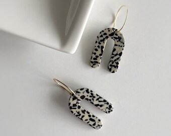 Black Terrazzo Arch Hoop Earrings, Gold Plated Stainless Steel