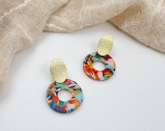 Colorful Acrylic Circle Earrings, Gold Stainless Steel Posts