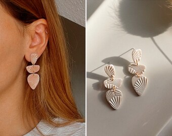 Earrings white pearl wedding with shell beach pattern polymer clay earrings dangle earrings wedding statement handmade earrings / ZAHAR