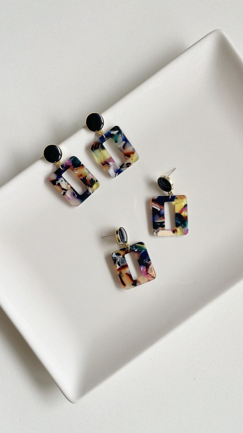 Earrings colorful acrylic / geometric shape earrings / Geometric earrings / Dangle earrings / Square earrings / Jewelry for women image 3