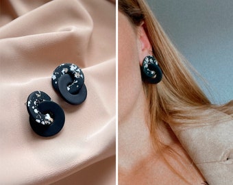Polymer clay earrings black terrazzo chain black jewellery earrings circle earrings black jewelry gift for women elegant earrings black