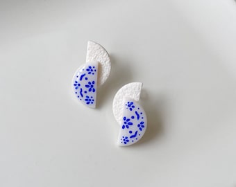 Handmade Santorini Stud Earrings: Blue Floral, White Polymer Clay