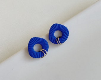 Cobalt Blue Polymer Clay Earrings, Handmade Donut Studs