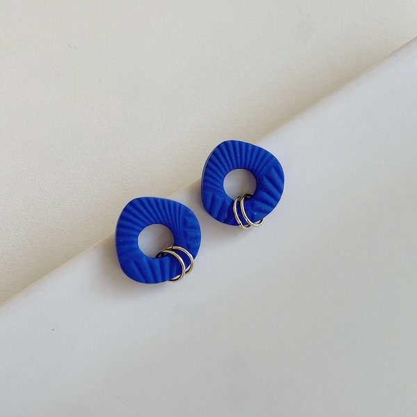 Blue earrings polymer clay with pattern donut shape earrings statement polymerclay stud gifts for her handmade earrings cobalt blue/ ALOHA